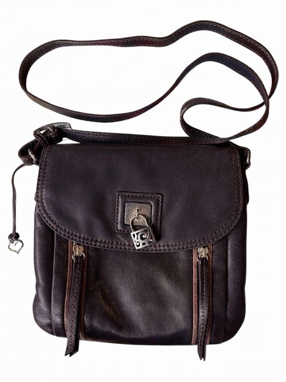Brighton Black & Brown Leather Crossbody Bag Silver Scroll Lock Flap Accent